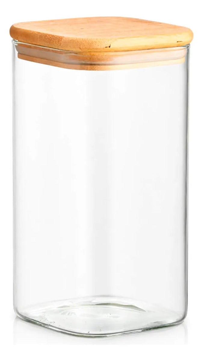 Pote de Vidro Retangular Liso Boris Tampa Bambu 600ml