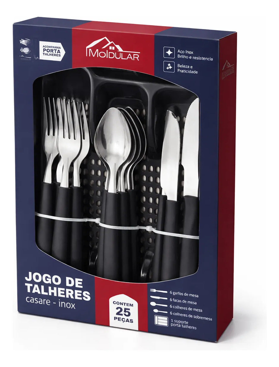 Jogo de Talheres Inox Casare com Porta Talheres 25 pçs