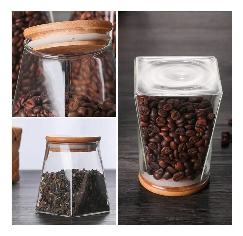 Pote Vidro Liso Borossilicato 750ml Pirâmide Tampa De Bambu