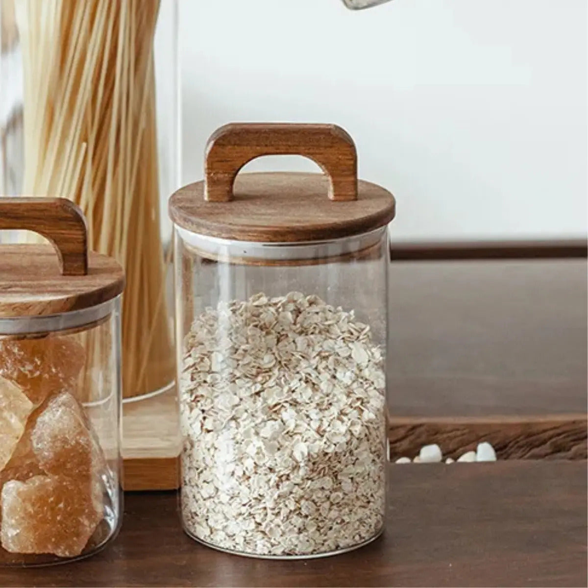 Pote de Vidro Redondo Liso Boris Tampa/Alça Bambu 950ml