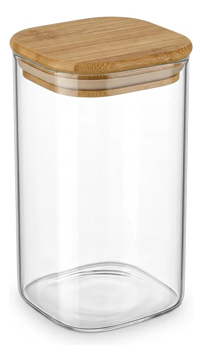 Pote de Vidro Retangular Liso Boris Tampa Bambu 750ml
