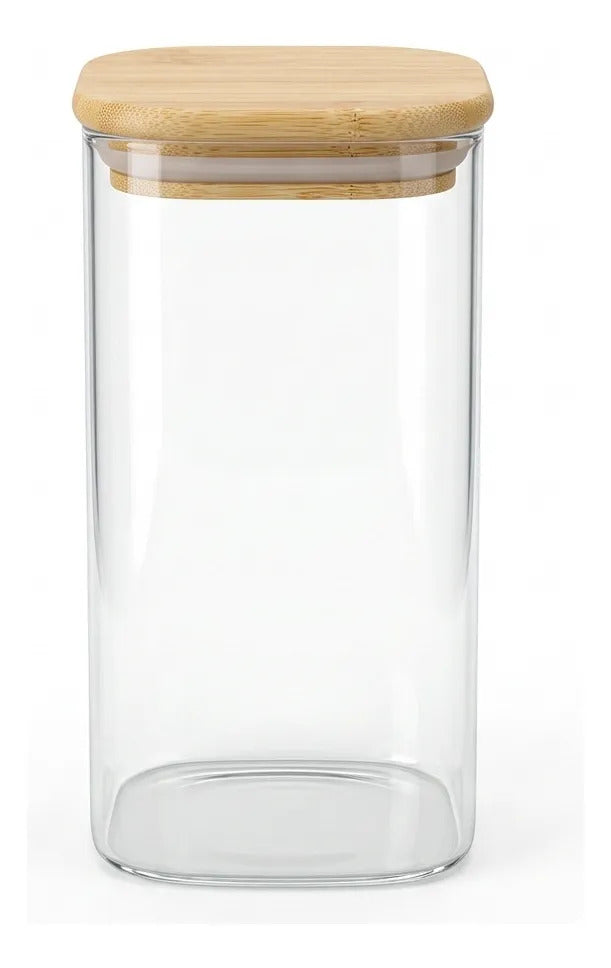 Pote de Vidro Retangular Liso Boris Tampa Bambu 750ml