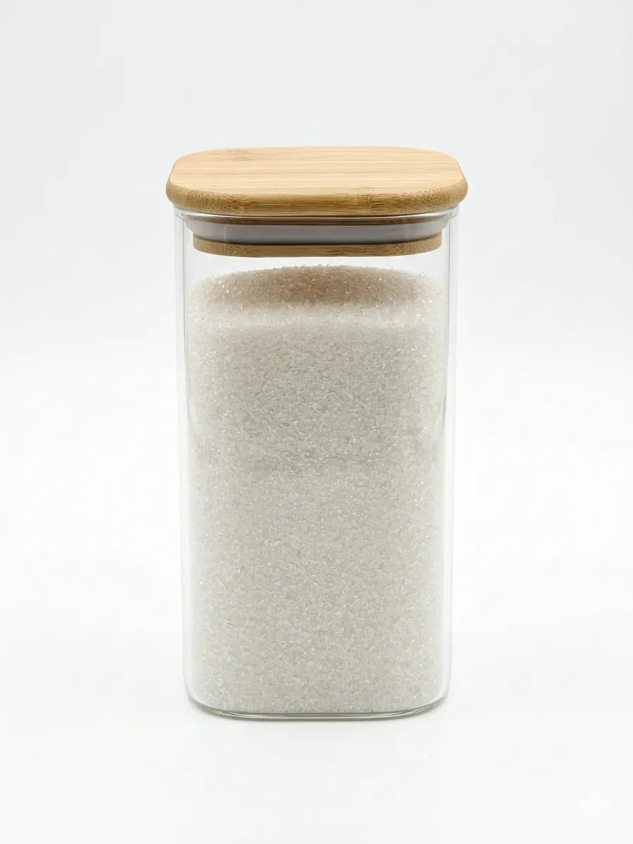 Pote de Vidro Retangular Liso Boris Tampa Bambu 750ml