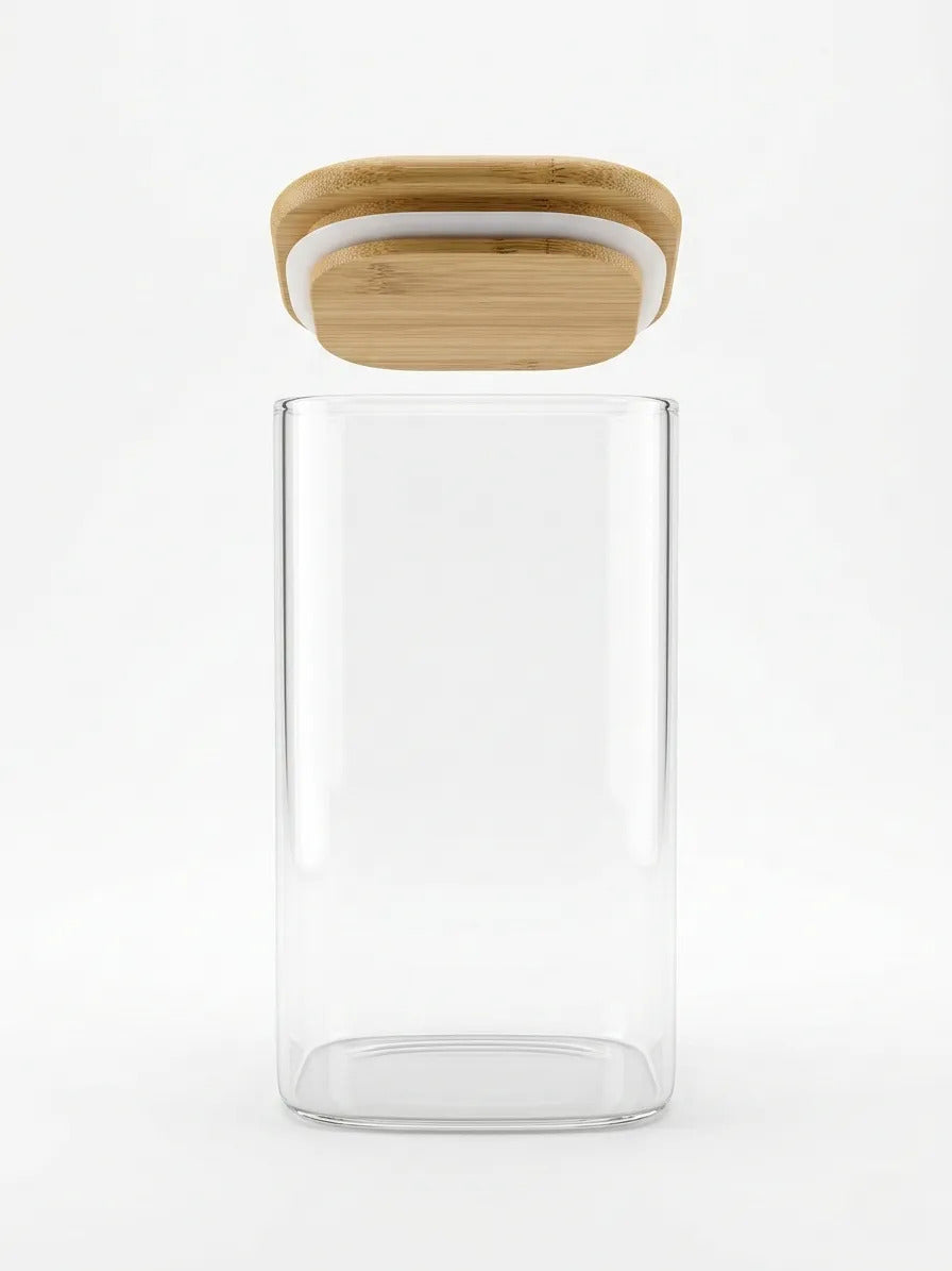Pote de Vidro Retangular Liso Boris Tampa Bambu 750ml